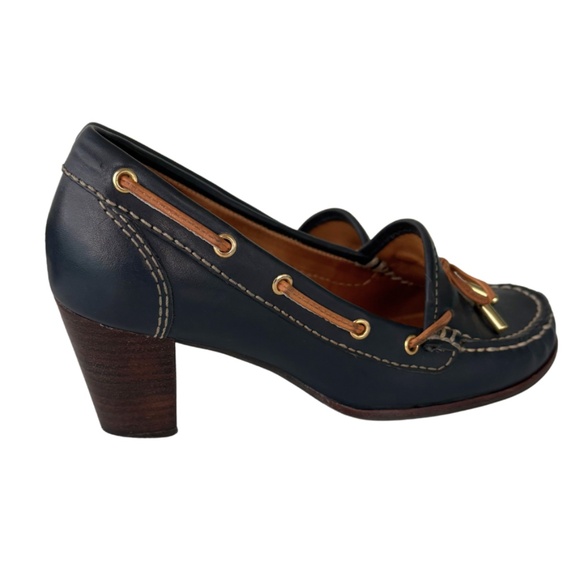 Sebago Navy Leather Heeled Loafers Size 6.5 – Made in Brazil - Picture 1 of 10